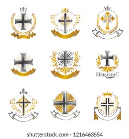 Crosses of Christianity emblems set. Heraldic vector design elements collection. Retro style label, heraldry logo.