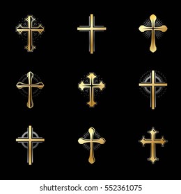 Crosses of Christianity emblems set. Heraldic vector design elements collection. Retro style label, heraldry logo.
