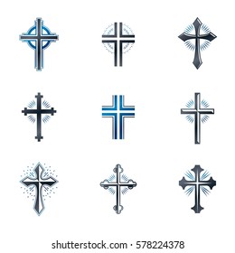 Crosses of Christianity emblems set. Heraldic vector design elements collection. Retro style label, heraldry logo.