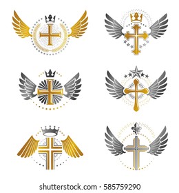 Crosses of Christianity emblems set. Heraldic vector design elements collection. Retro style label, heraldry logo.