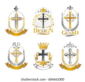 Crosses of Christianity emblems set. Heraldic vector design elements collection. Retro style label, heraldry logo.