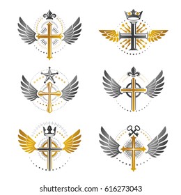 Crosses of Christianity emblems set. Heraldic vector design elements collection. Retro style label, heraldry logo.