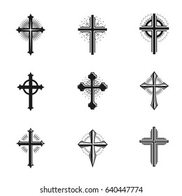 Crosses of Christianity emblems set. Heraldic vector design elements collection. Retro style label, heraldry logo.