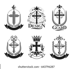 Crosses of Christianity emblems set. Heraldic vector design elements collection. Retro style label, heraldry logo.