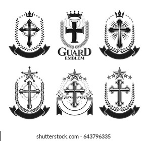 Crosses of Christianity emblems set. Heraldic vector design elements collection. Retro style label, heraldry logo.