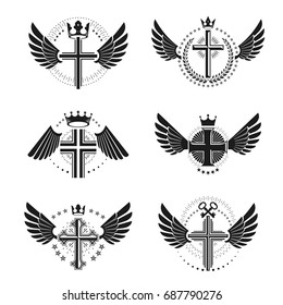 Crosses of Christianity emblems set. Heraldic vector design elements collection. Retro style label, heraldry logo.