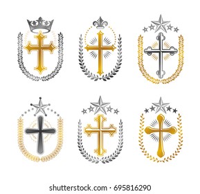 Crosses of Christianity emblems set. Heraldic vector design elements collection. Retro style label, heraldry logo.