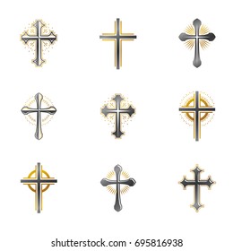 Crosses of Christianity emblems set. Heraldic vector design elements collection. Retro style label, heraldry logo.