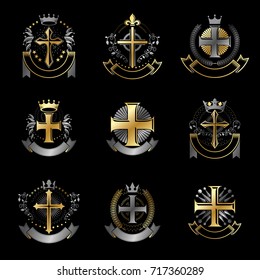 Crosses of Christianity emblems set. Heraldic vector design elements collection. Retro style label, heraldry logo.