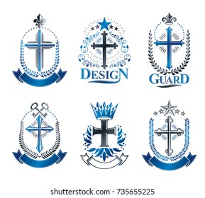 Crosses of Christianity emblems set. Heraldic vector design elements collection. Retro style label, heraldry logo.