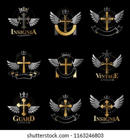 Crosses of Christianity Religion emblems set. Heraldic Coat of Arms decorative logos isolated vector illustrations collection.