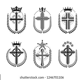 Crosses of Christianity Religion emblems set. Heraldic Coat of Arms decorative logos isolated vector illustrations collection.