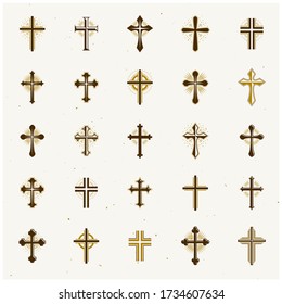 Crosses of Christianity Religion emblems set. Heraldic Coat of Arms decorative logos isolated vector illustrations collection.