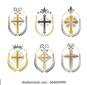 Crosses of Christianity Religion emblems set. Heraldic Coat of Arms decorative logos isolated vector illustrations collection.