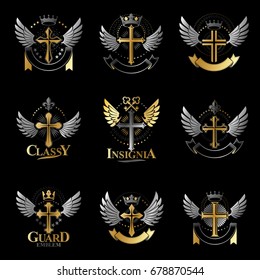 Crosses of Christianity Religion emblems set. Heraldic Coat of Arms decorative logos isolated vector illustrations collection.