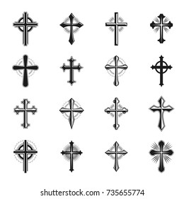 Crosses of Christianity Religion emblems set. Heraldic Coat of Arms decorative logos isolated vector illustrations collection.