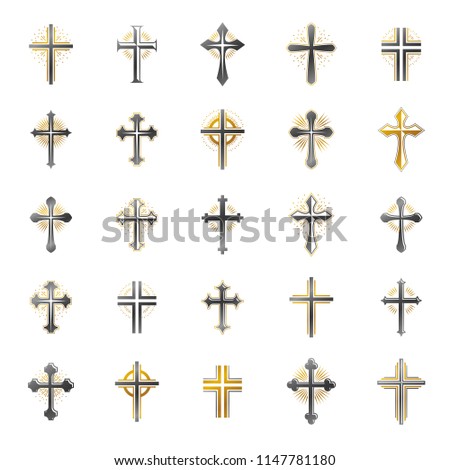 Crosses of Christianity Religion emblems set. Heraldic Coat of Arms decorative logos isolated vector illustrations collection.