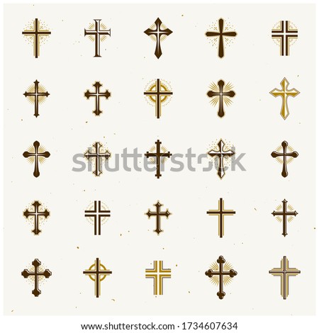 Crosses of Christianity Religion emblems set. Heraldic Coat of Arms decorative logos isolated vector illustrations collection.