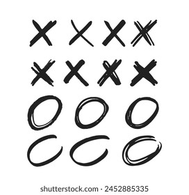 Crosses and Circles Manuscript Marks. Isolated Vector Monochrome X or O Signs on White Background. Writing Symbols