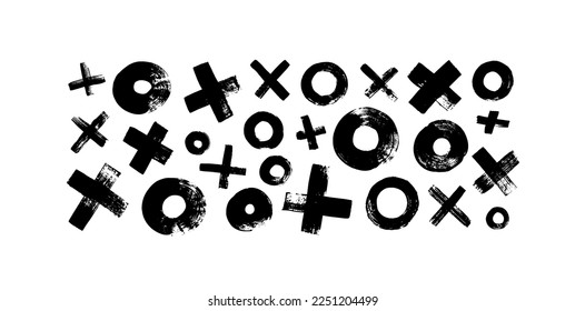 Crosses and circles vector elements isolated on white background. Brush drawn crosses and circles. Vector black and white geometric elements. Grunge symbols of zero and plus. Trendy graphic design.