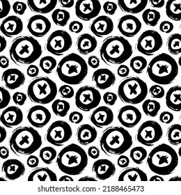 Crosses with circles vector seamless pattern. Monochrome hand drawn print with X and zero. Simple bold seamless black and white background. Monochrome texture with pluses or crosses, symbols of kisses