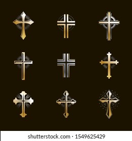 Crosses emblems vector emblems big set, Christian religion heraldic design elements collection, classic style heraldry symbols, antique designs.