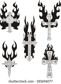 Crosses with flames. Set of black and white vector illustrations.