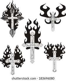Crosses with flames. Set of black and white vector illustrations.