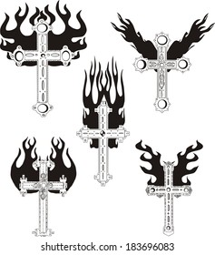 Crosses with flames. Set of black and white vector illustrations.