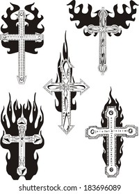 Crosses with flames. Set of black and white vector illustrations.