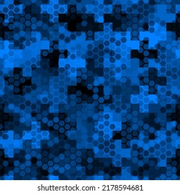 Crosses, hexagons, pickets pavement seamless ornament. Azure blue mosaics wallpaper. Camo seamless pattern of sapphire geometric hexagonal shapes for army clothing.