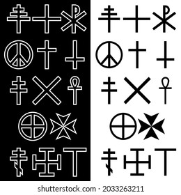 Crosses icons set. Symbols of religions. Line art. Isolated symbols on black, white background. Vector illustration