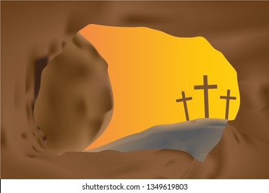 The Crosses of Jesus at the cave for Easter' day, Vector.