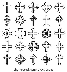 Crosses line icons isolated on white background - Vector high quality illustration of 25 different heraldic christian crucifixes