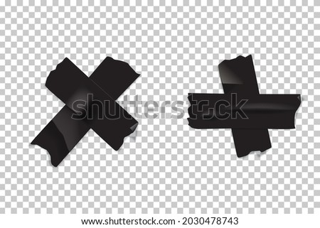 Crosses made of pieces of black adhesive tape isolated on transparent background. Vector realistic duct or masking tape parts.