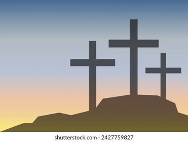 Crosses on a mountain at sunset or sunrise.