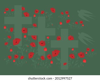 Crosses in the poppy field and swallows Cemetery headstone with poppies. Vector illustration for Remembrance Day, Anzac Day