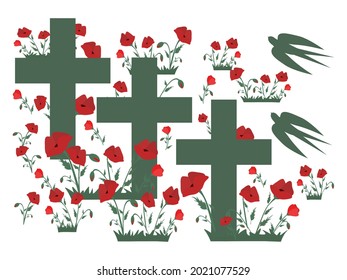 Crosses in the poppy field and swallows Cemetery headstone with poppies. Vector illustration for Remembrance Day, Anzac Day Isolated on white background