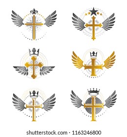 Crosses Religious emblems set. Heraldic Coat of Arms, vintage vector logos collection.