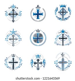 Crosses Religious emblems set. Heraldic Coat of Arms, vintage vector logos collection.