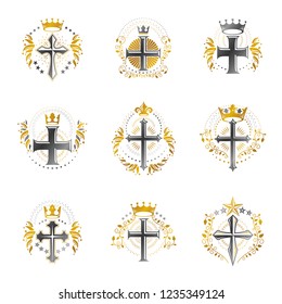 Crosses Religious emblems set. Heraldic Coat of Arms, vintage vector logos collection.