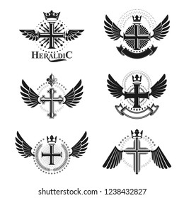 Crosses Religious emblems set. Heraldic Coat of Arms, vintage vector logos collection.