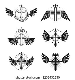 Crosses Religious emblems set. Heraldic Coat of Arms, vintage vector logos collection.