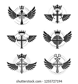Crosses Religious emblems set. Heraldic Coat of Arms, vintage vector logos collection.