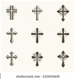 Cruces Conjunto de emblemas religiosos. Escudo de armas heráldico, colección de logotipos de Vector vintage.