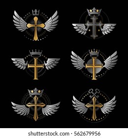 Crosses Religious emblems set. Heraldic Coat of Arms, vintage vector logos collection.