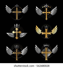 Crosses Religious emblems set. Heraldic Coat of Arms, vintage vector logos collection.