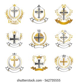 Crosses Religious emblems set. Heraldic Coat of Arms, vintage vector logos collection.