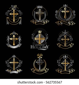 Crosses Religious emblems set. Heraldic Coat of Arms, vintage vector logos collection.
