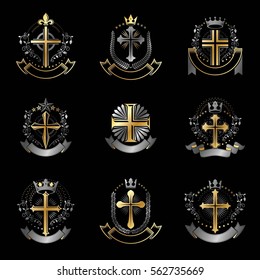 Crosses Religious emblems set. Heraldic Coat of Arms, vintage vector logos collection.